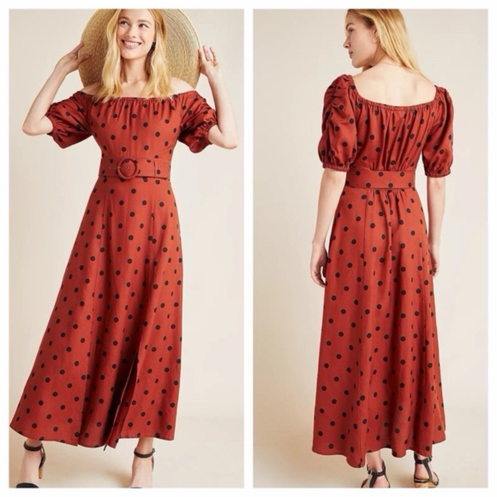 Anthropologie Red and Black Polka Dot Maxi Dress